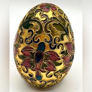 Vintage Cloisonne Floral Pattern Colorful Enamel Gold Red Green Easter Egg 2.5"